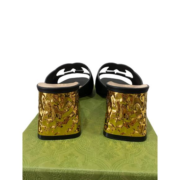 Gucci Interlocking G Cut Out Black Leather Gold Block Heel Sandal 38.5 - Picture 4 of 12